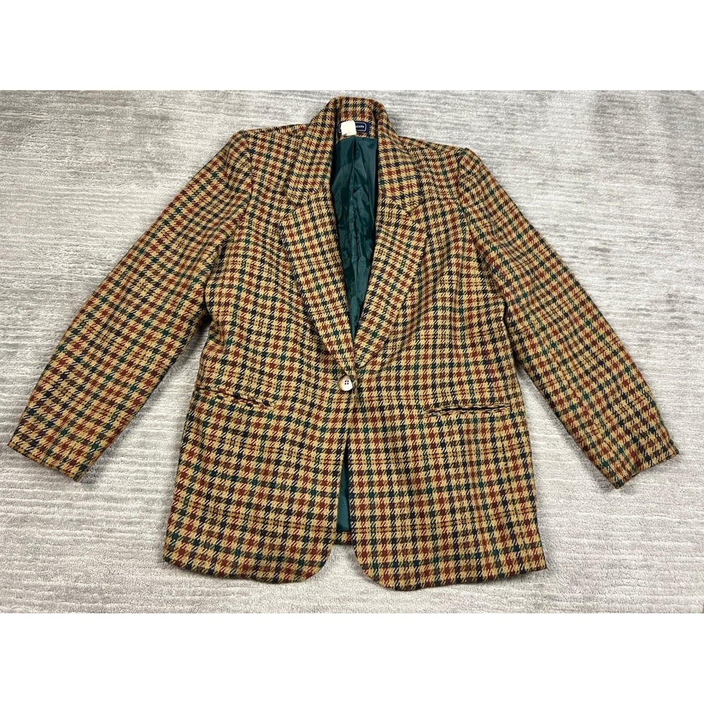 Requirements Blazer Women 10 Multicolor Houndstooth Wool Blend Single Button Vtg